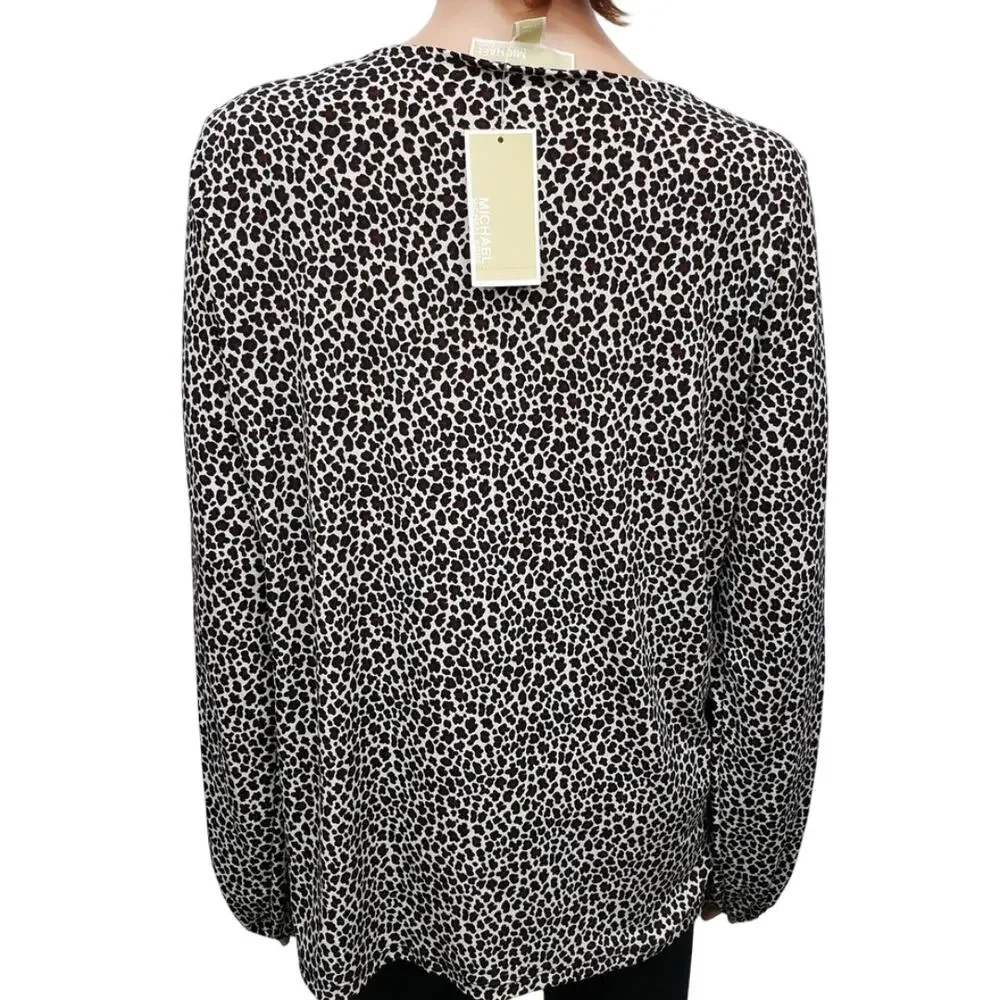 NWT MICHAEL KORS Arm Slit Animal Print Top Blouse Women L V-Neck Ruby Black
